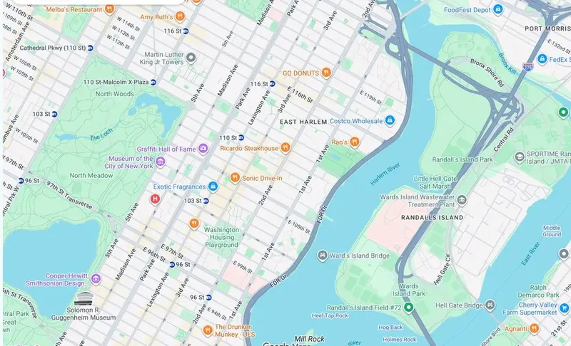 Map of weed delivery coverage in East Harlem, Manhattan from Cannadreams NYC at 862 9th Ave