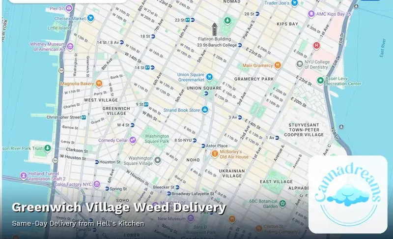 Map of weed delivery coverage in Greenwich Village, Manhattan from Cannadreams NYC at 862 9th Ave