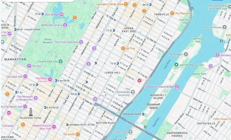 Map of weed delivery coverage in Lenox Hill, Manhattan from Cannadreams NYC at 862 9th Ave