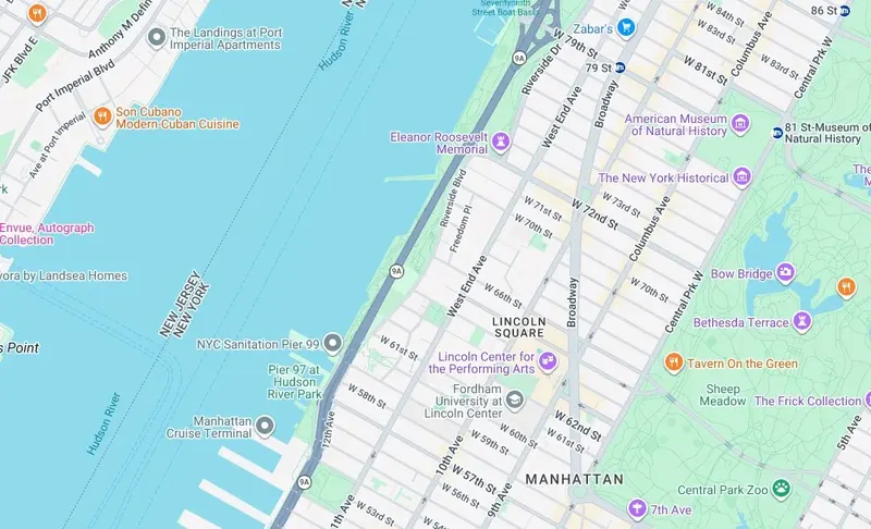 Map of weed delivery coverage in Lincoln Towers, Manhattan from Cannadreams at 862 9th Ave