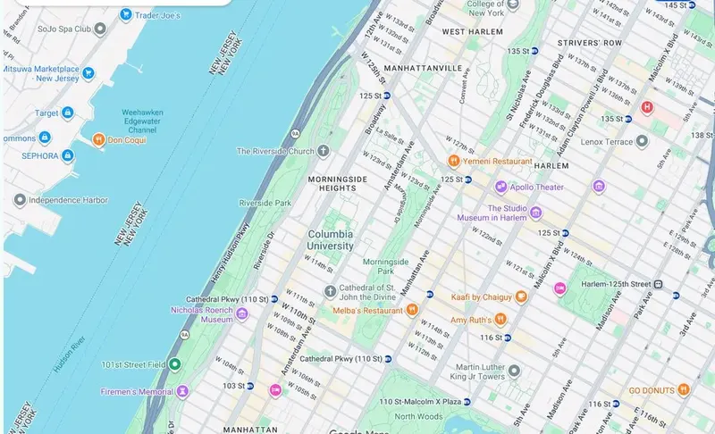 Map of weed delivery coverage in Morningside Heights, Manhattan from Cannadreams NYC at 862 9th Ave