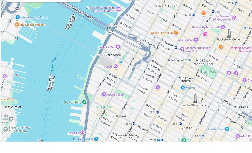 Map of weed delivery coverage in Hudson Yards, Manhattan from Cannadreams NYC at 862 9th Ave