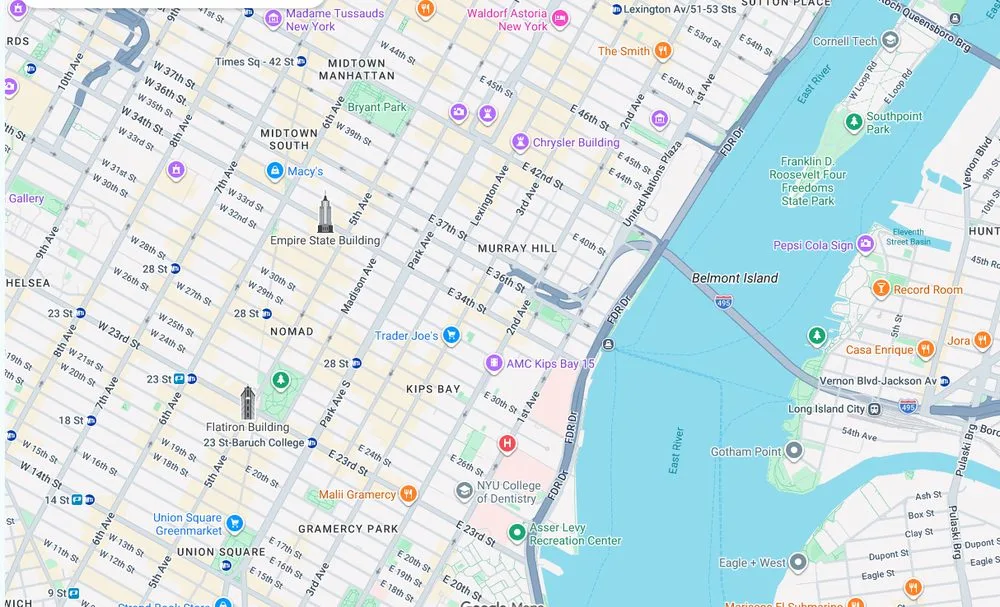 Map of weed delivery coverage in Murray Hill, Manhattan from Cannadreams NYC at 862 9th Ave