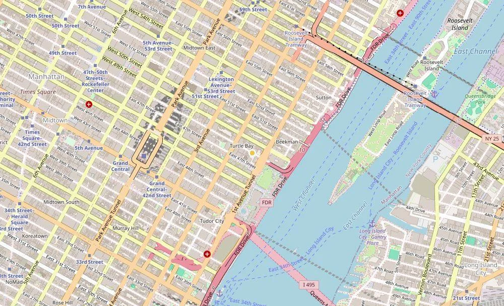 Map of weed delivery coverage in Turtle Bay, Manhattan from Cannadreams NYC at 862 9th Ave