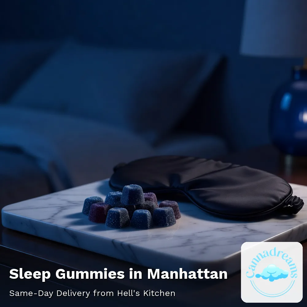 Nighttime THC and CBN sleep gummies beside a sleep mask, from Cannadreams in Hell's Kitchen, Manhattan