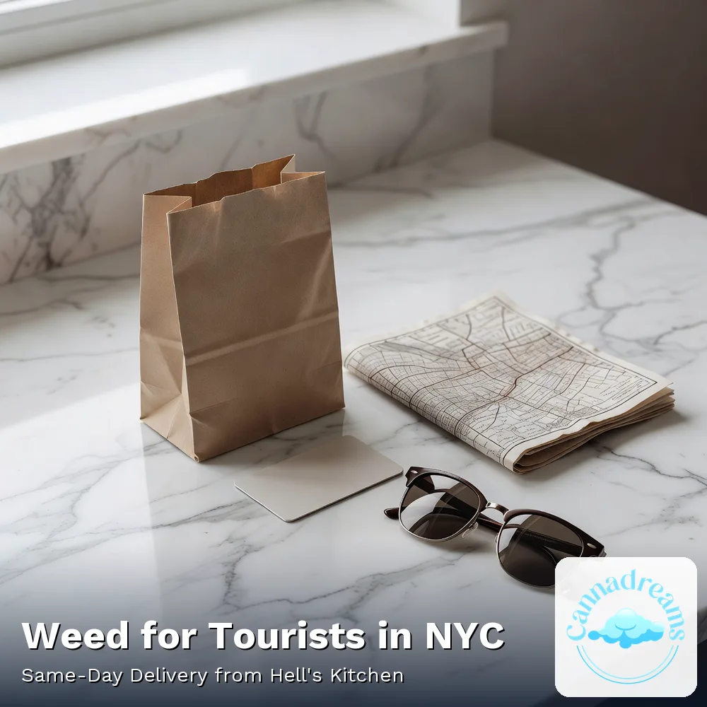 A dispensary bag and a folded city map on a hotel room counter in Manhattan, from Cannadreams at 862 9th Ave in Hell's Kitchen