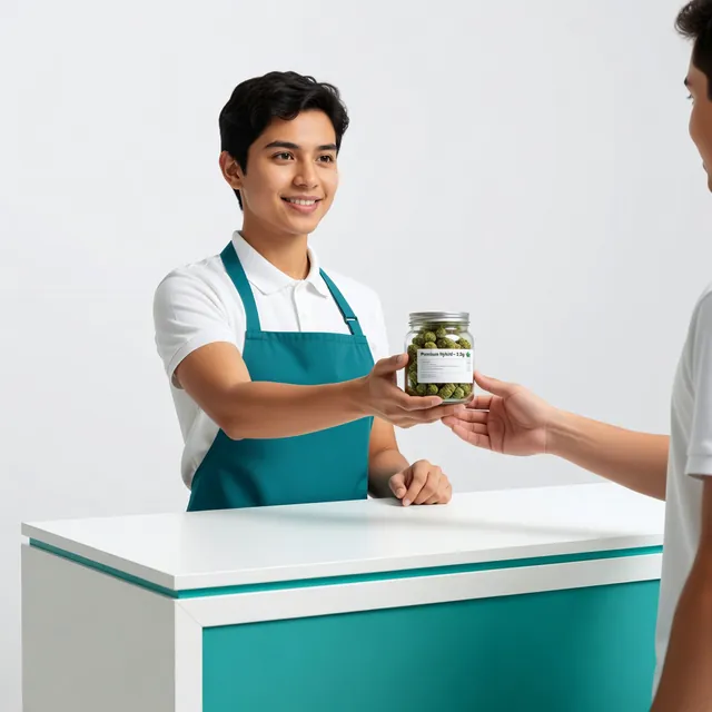 Budtender handing a labeled jar to a customer at a licensed Manhattan dispensary counter
