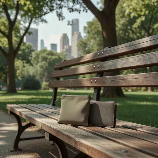 A small cannabis pouch and a wallet on a New York City park bench with trees and buildings behind