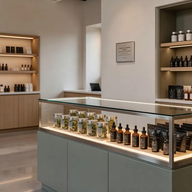 A clean modern licensed dispensary interior with a lit display case and an official license placard on the wall