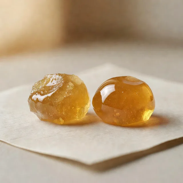 Macro shot of two golden cannabis concentrate dabs side by side on parchment