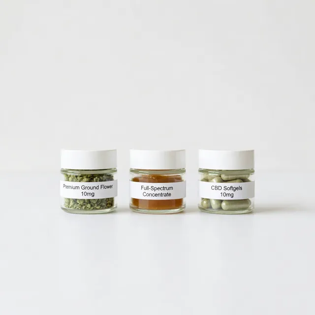 Three labeled cannabis product jars for sleep, focus, and social use on a white background