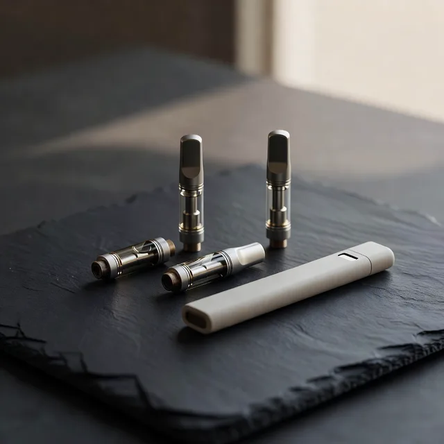 Three cannabis vape cartridges and a sleek disposable vape on a dark slate surface
