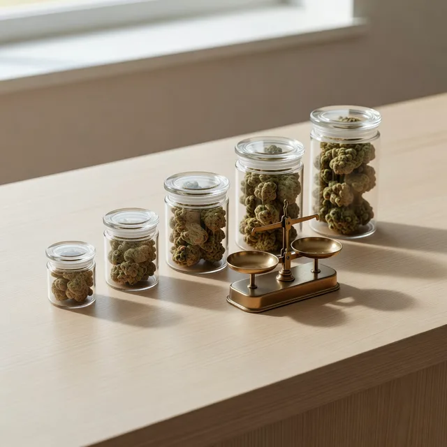Glass cannabis jars in ascending sizes next to a small brass scale on a light wood counter