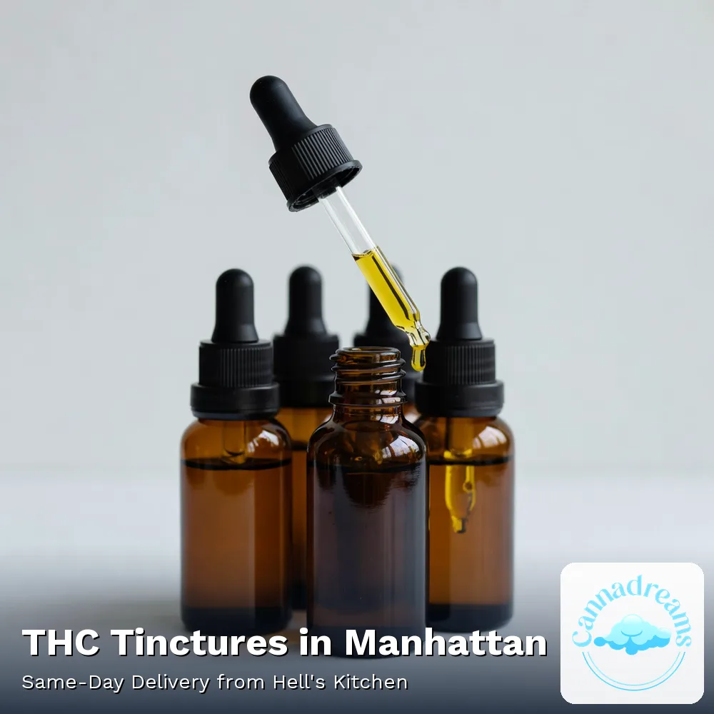 THC tinctures in Manhattan, cannabis oil dropper bottles from Cannadreams, same-day delivery from Hell's Kitchen